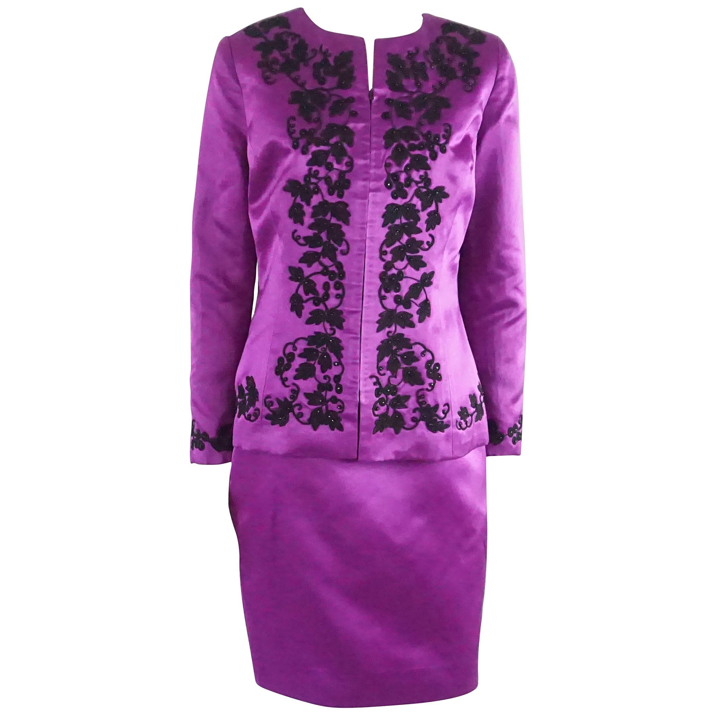 Oscar Purple Satin and Black Soutache Beading Skirt Suit – L