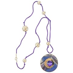 Emilio Pucci Purple Cord Necklace with Printed Stone Pendant 4