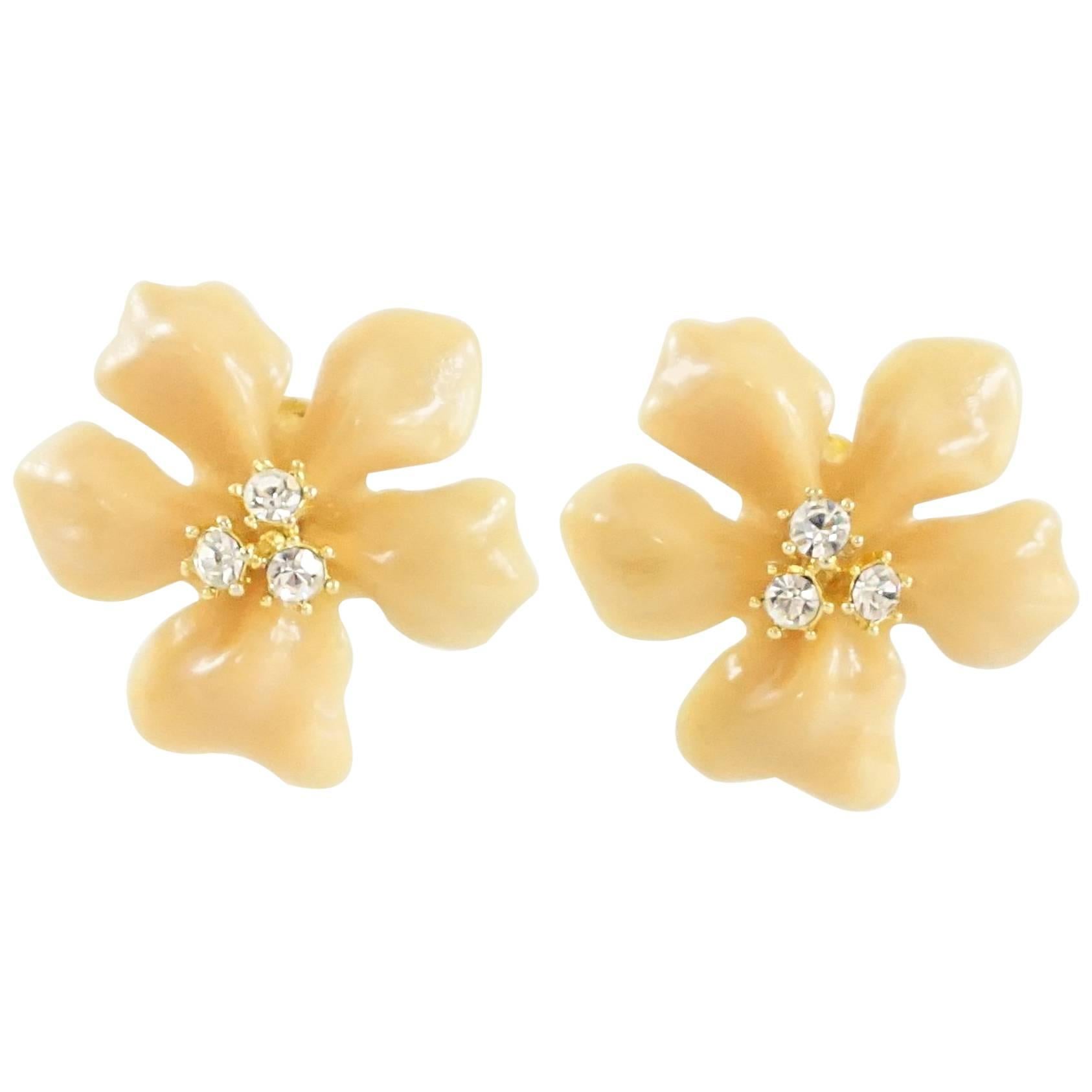 Kenneth Jay Lane Orange Flower Earrings with Rhinestones