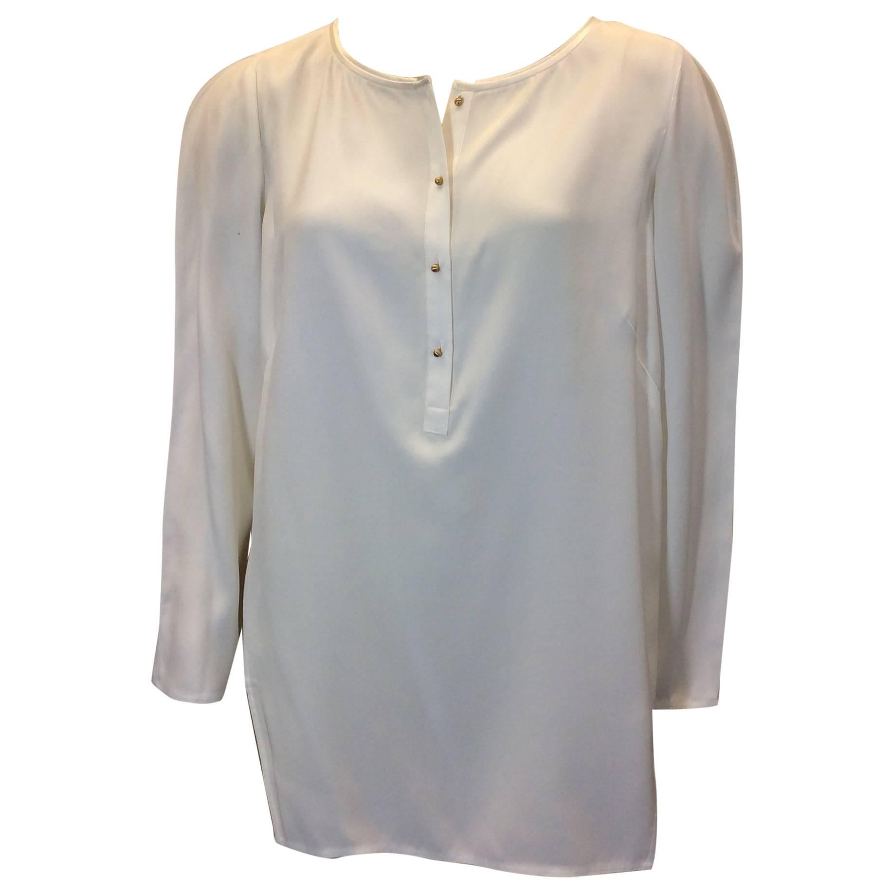Lafayette 148 White Silk Blouse with Button Detail For Sale