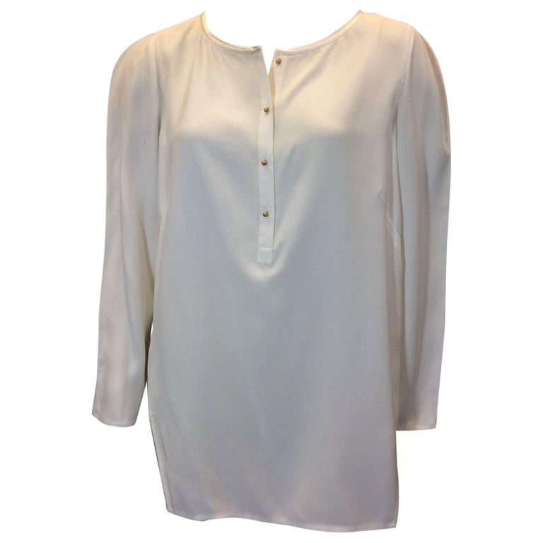 Lafayette 148 White Silk Blouse with Button Detail For Sale at 1stdibs