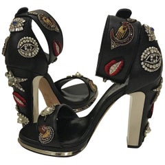 Alexander McQueen Crystal Obsession Embroidered Mirrored Black Leather Sandal