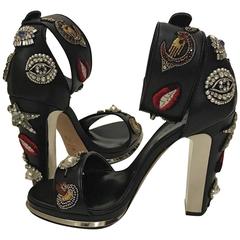 New Alexander McQueen Crystal Obsession Embroidery Mirrored Black Leather Sandal