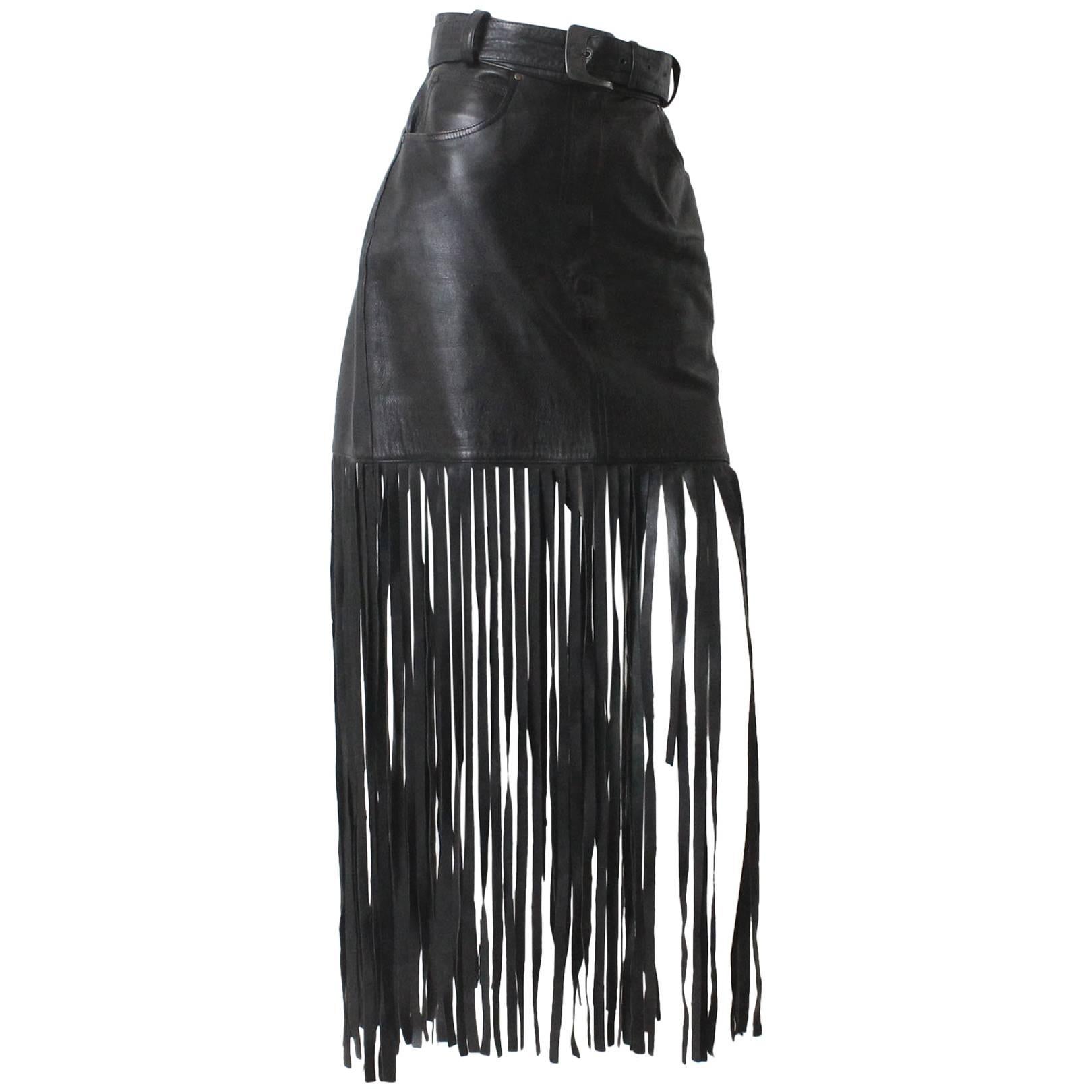 1980s Claude Montana Black Leather Floor Length Fringe Skirt For Sale
