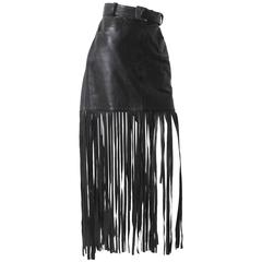 Vintage 1980s Claude Montana Black Leather Floor Length Fringe Skirt