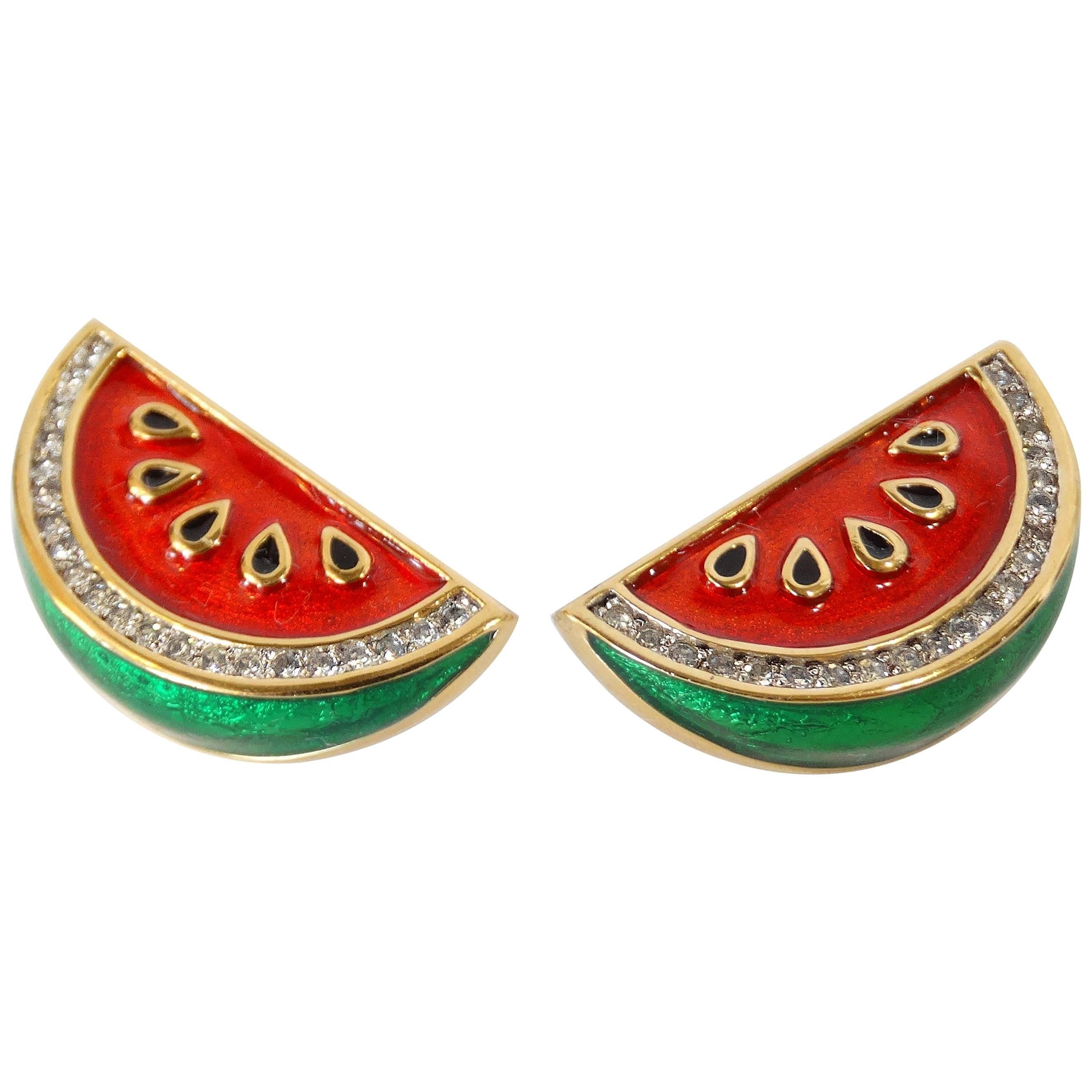 1980s Judith Leiber Watermelon Enamel Crystal Earrings