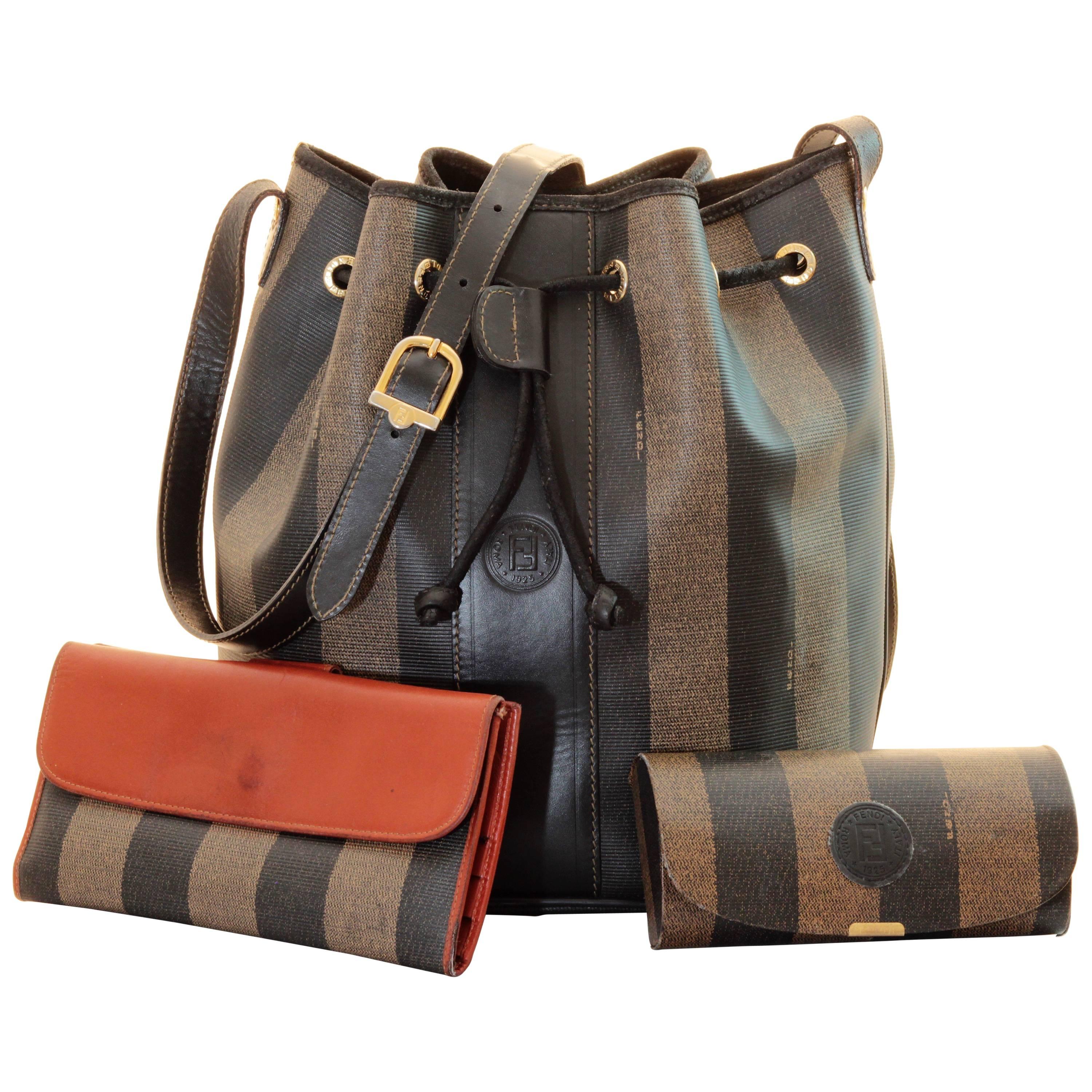 Rare Fendi Pecan Vertical Stripe Bucket Bag, Wallet & Eyeglass Case 3pc Set 80s