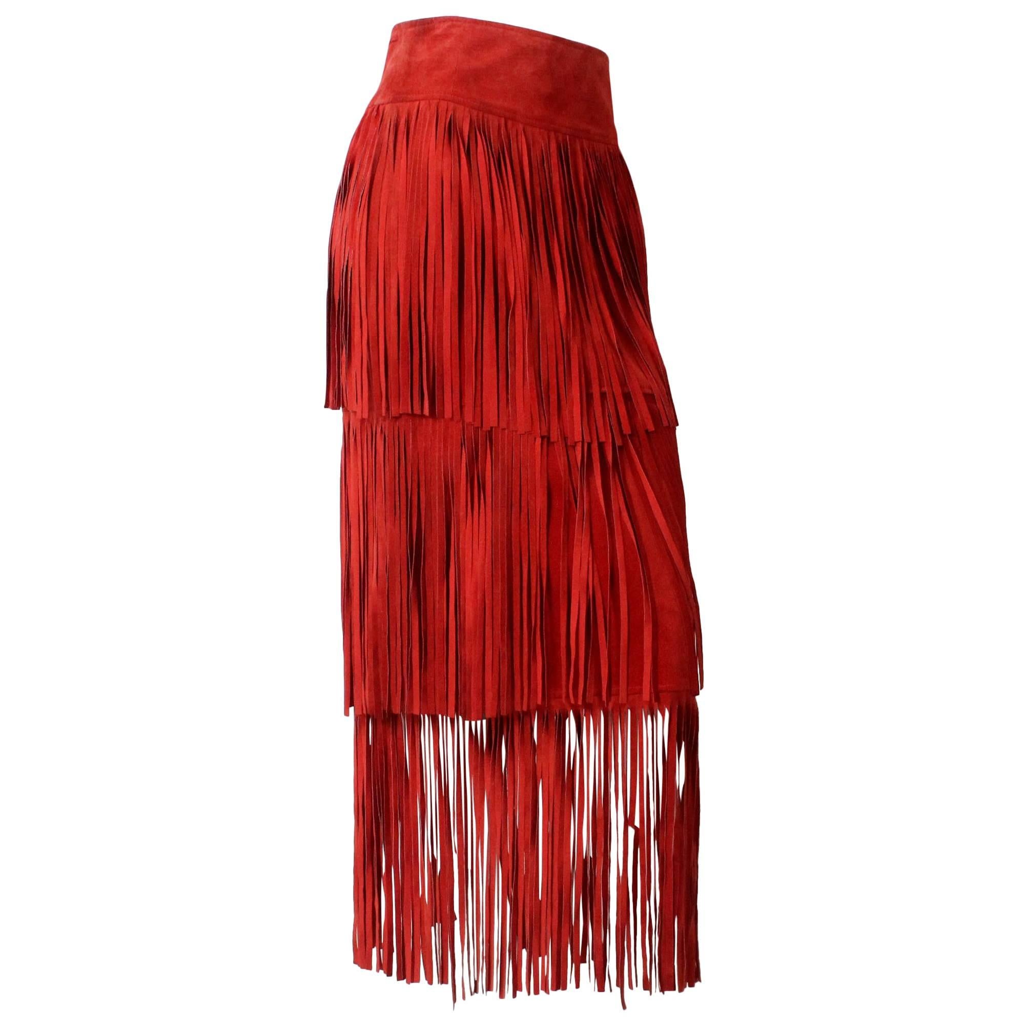  1980s Moschino Floor Length Red Suede Fringe Skirt For Sale