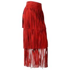  1980s Moschino Floor Length Red Suede Fringe Skirt