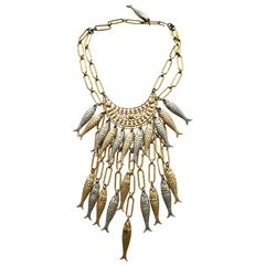 1970s Gold and Silver Fish Bib Necklace with earring set