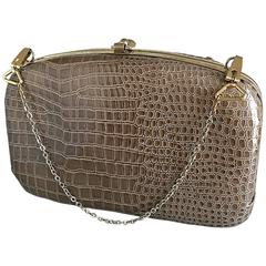 1940s Italian Taupe Alligator Croc Embossed Vintage 40s Leather Handbag Purse 2