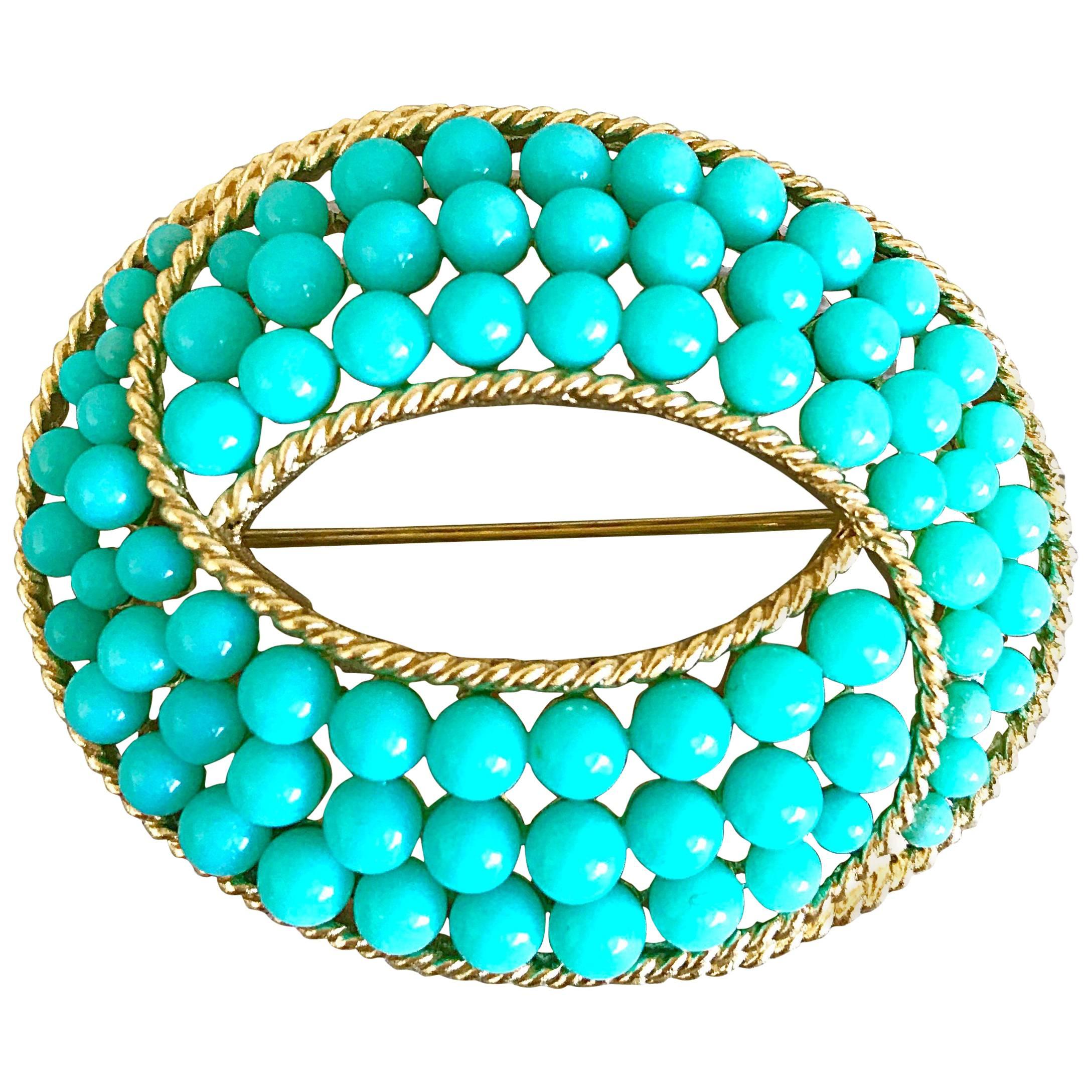 Trifari 1960s Turquoise Blue + Gold Oval 60s Signed Vintage Ball Brooch Pin