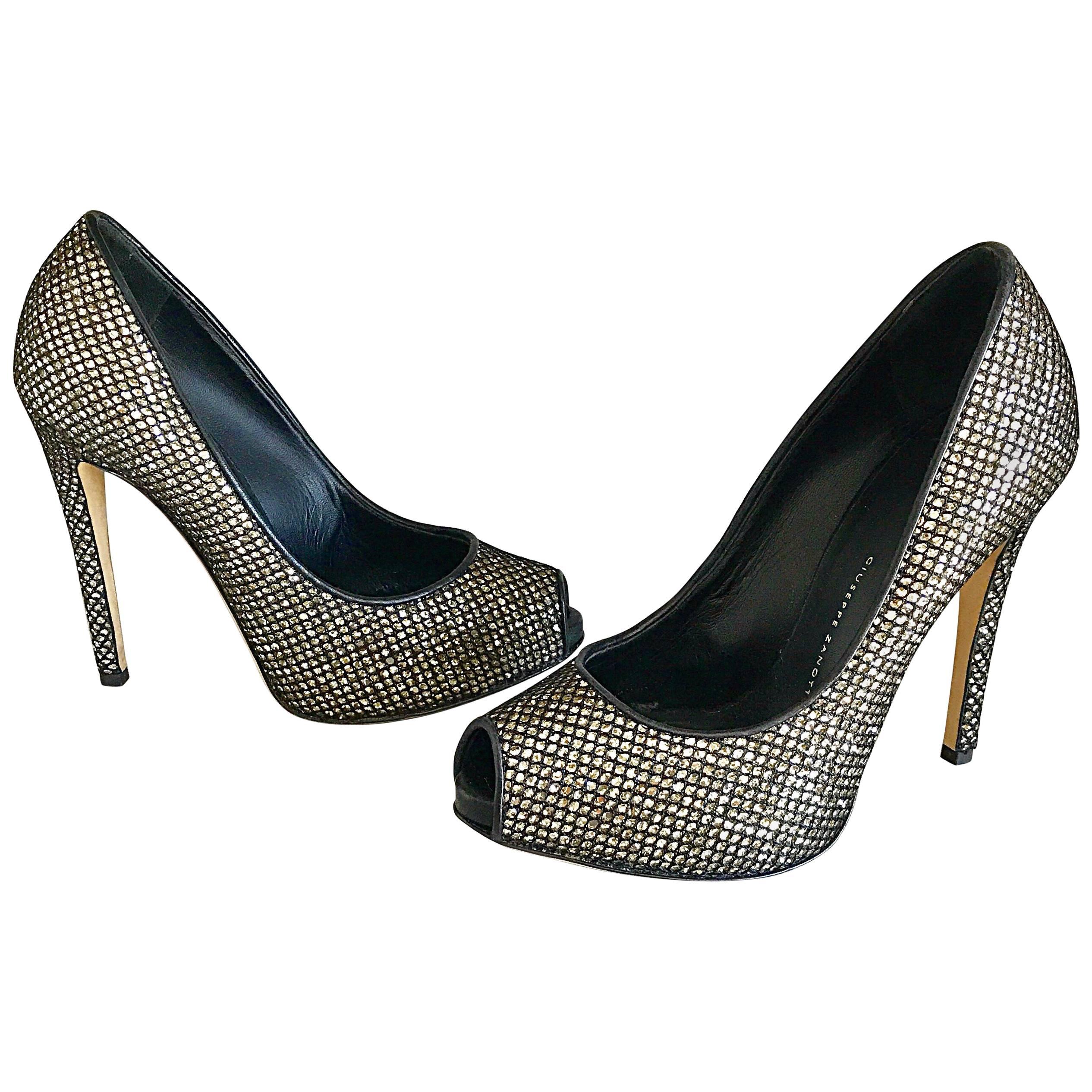 Giuseppe Zanotti Black and Silver Glitter Size 37 / 7 Peep Toe Shoes High Heels 