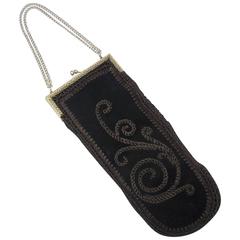 Bohemian 1960's Elongated Crochet Brown Suede Handbag 6