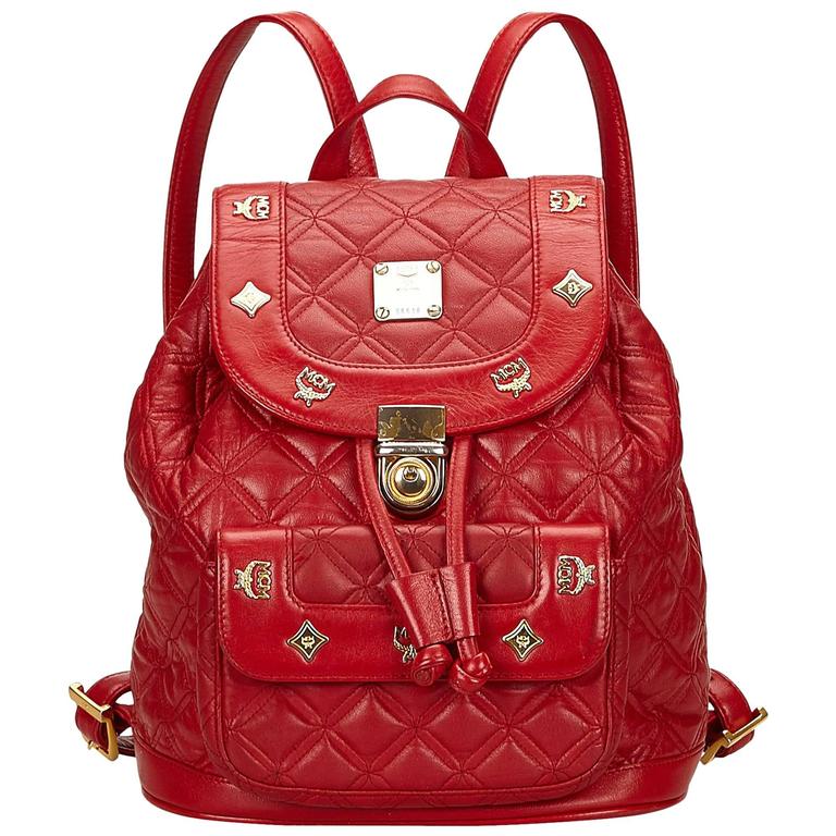 MCM Red Studded Leather Backpack For Sale at 1stdibs