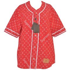 Supreme x Louis Vuitton All Over Monogram Denim Baseball Jersey Red Sz  Medium For Sale at 1stDibs