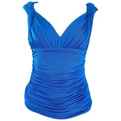 1990s Escada Cerulean Blue Flattering Ruched Jersey Criss Cross Back Vintage Top 9