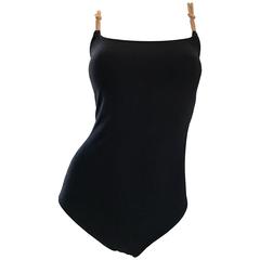 1990s Bill Blass Rope Strap Black Nautical One Piece Vintage Swimsuit Bodysuit 1