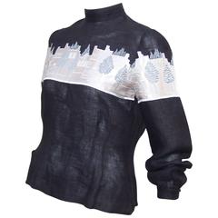 Whimsical 1980's City Skyline Embroidered Black Linen Blouse Top