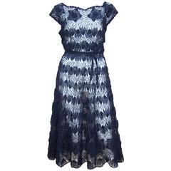 1950's Ann Fleischer Hand Woven Silk Organza Midnight Blue Ribbon Dress