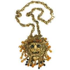 Vintage Jeweled Lion Head Pendant Necklace
