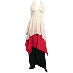 Used 70s Red, White, Black Halter Maxi Dress