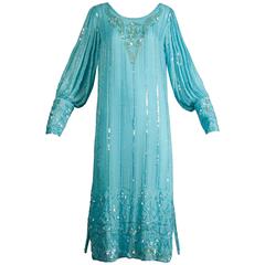 Vintage Teal Blue Silk Sequin + Beaded Art Deco/ Flapper Dress 6