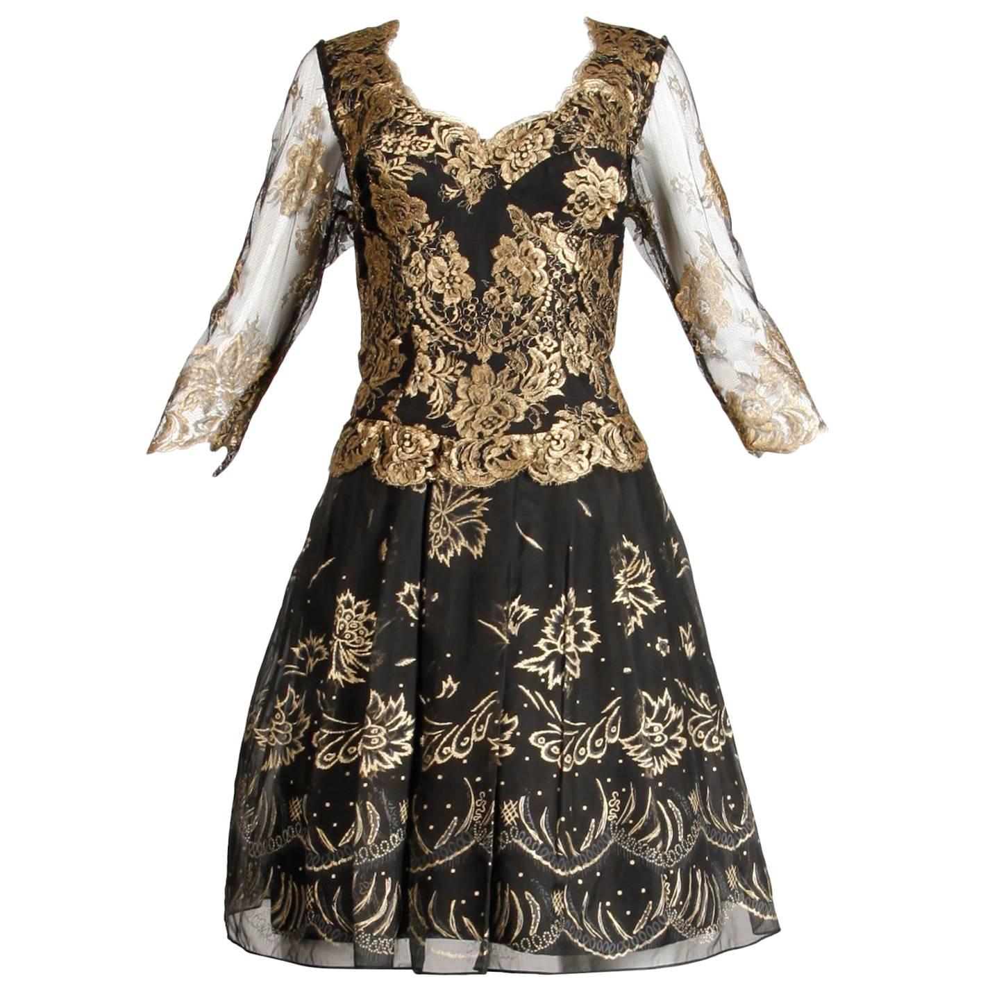 1980s Zandra Rhodes Vintage Metallic Gold Lace + Silk Hand Painted Dress For Sale