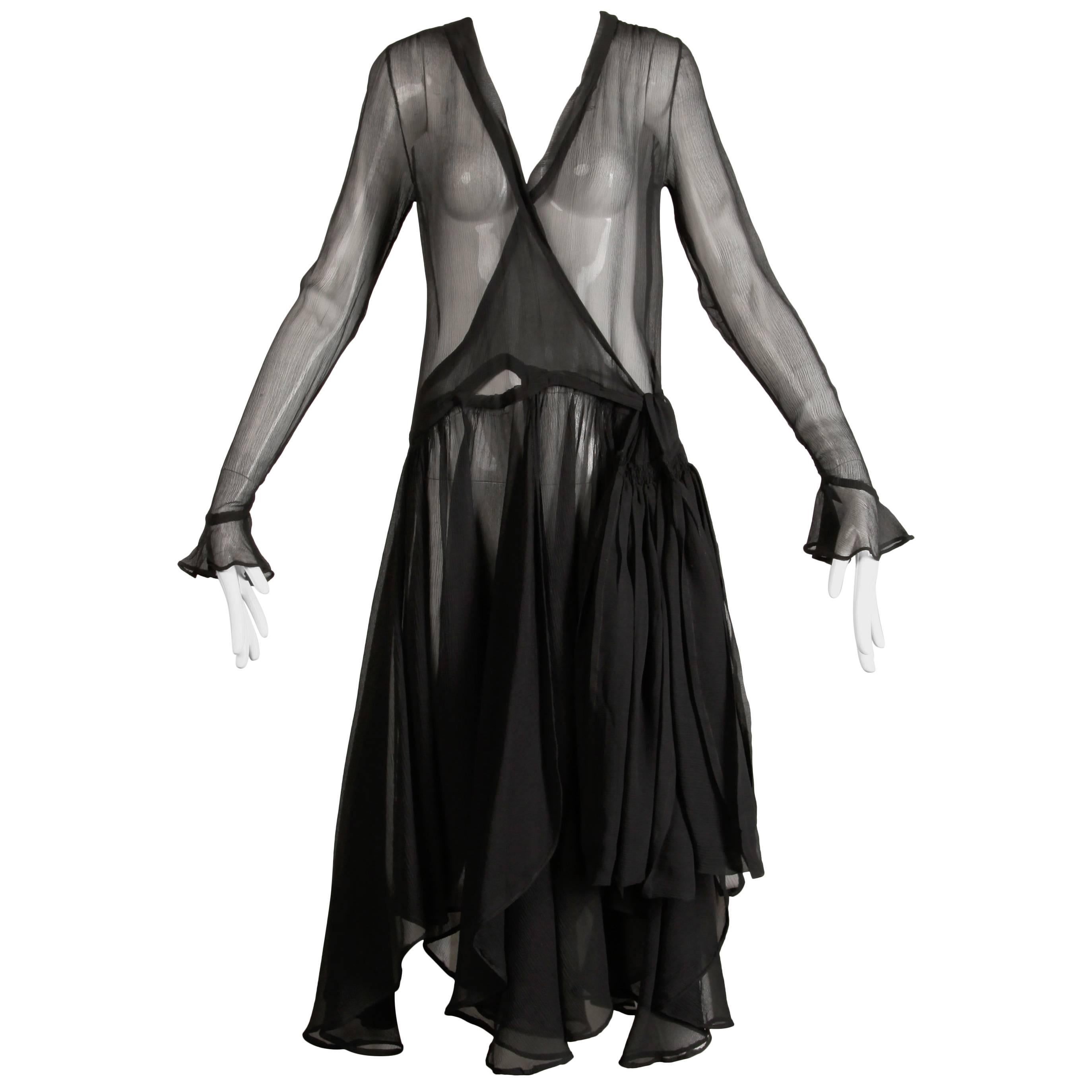 1930s Vintage Black Sheer Silk Asymmetric Flapper Dress