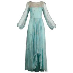 Unworn 1970s Richilene Vintage Blue Silk Chiffon + Metallic Silver Dress 4