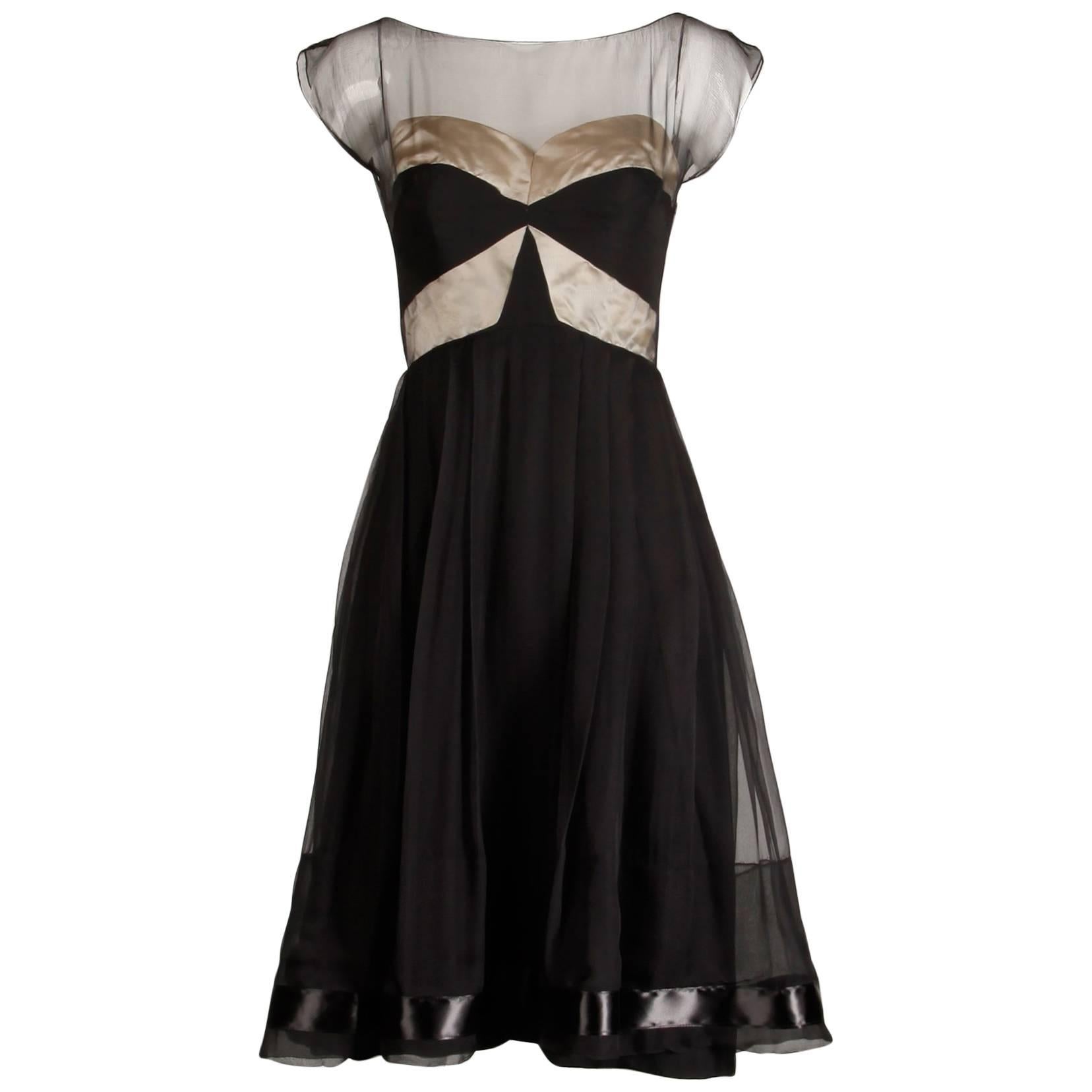 1950s Jane Derby Vintage Black + Nude Silk Chiffon Cocktail Dress For Sale