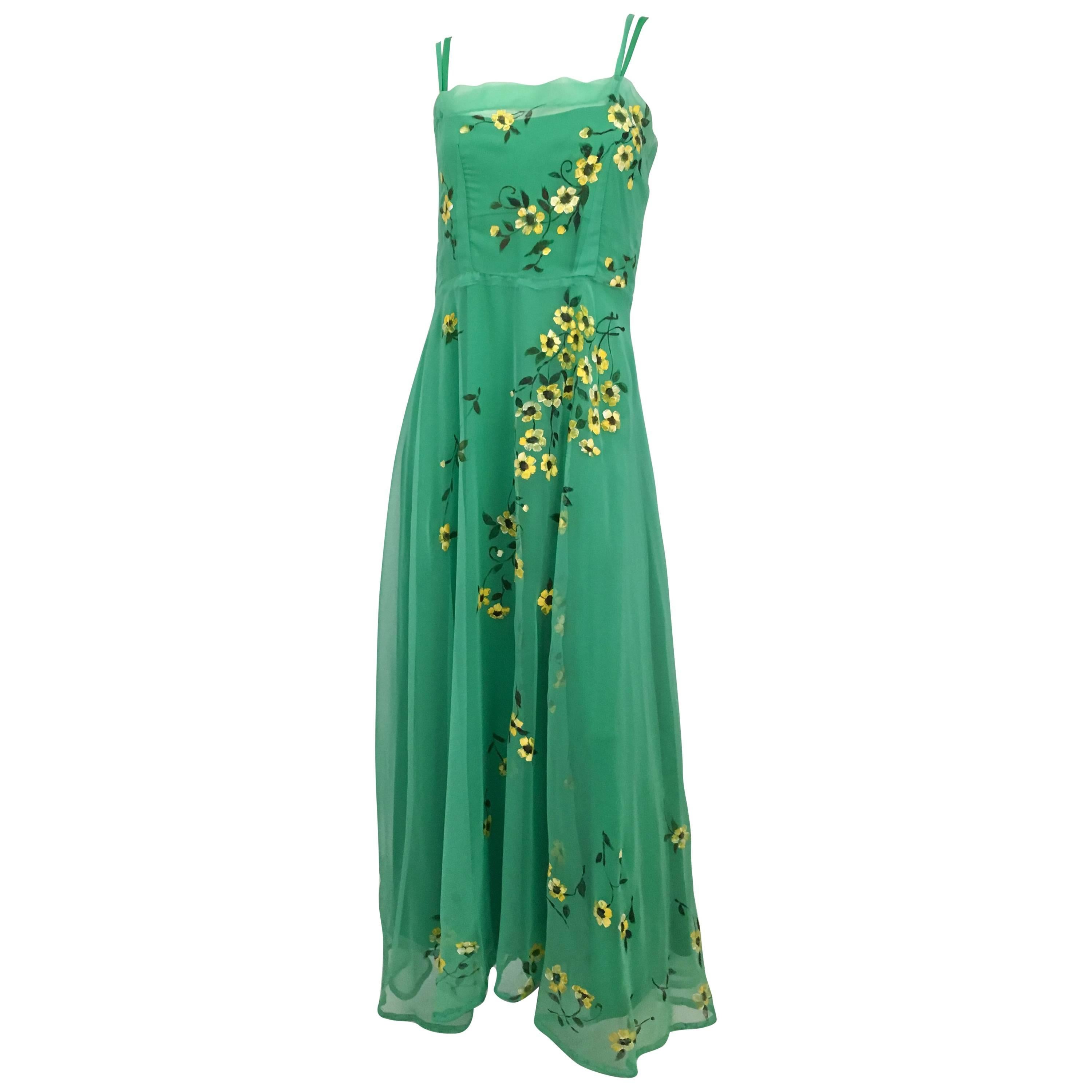 70s Wearable Art Painted Floral Chiffon Maxi Dress