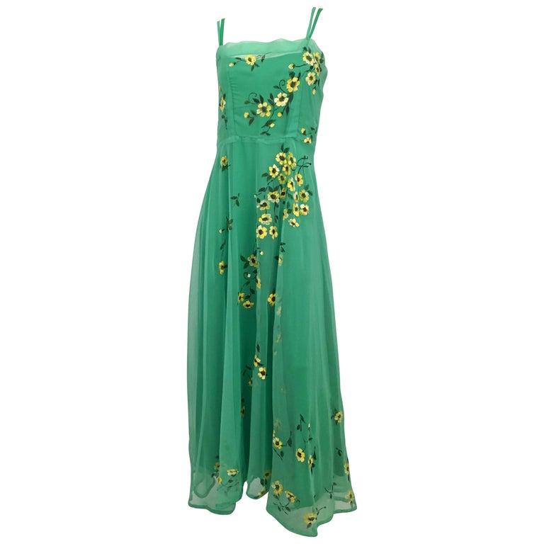 70s Wearable Art Painted Floral Chiffon Maxi Dress at 1stDibs