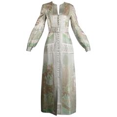 1970s Jon Mandl Vintage Novelty Print Jacquard Maxi Dress + Leather Lined Belt