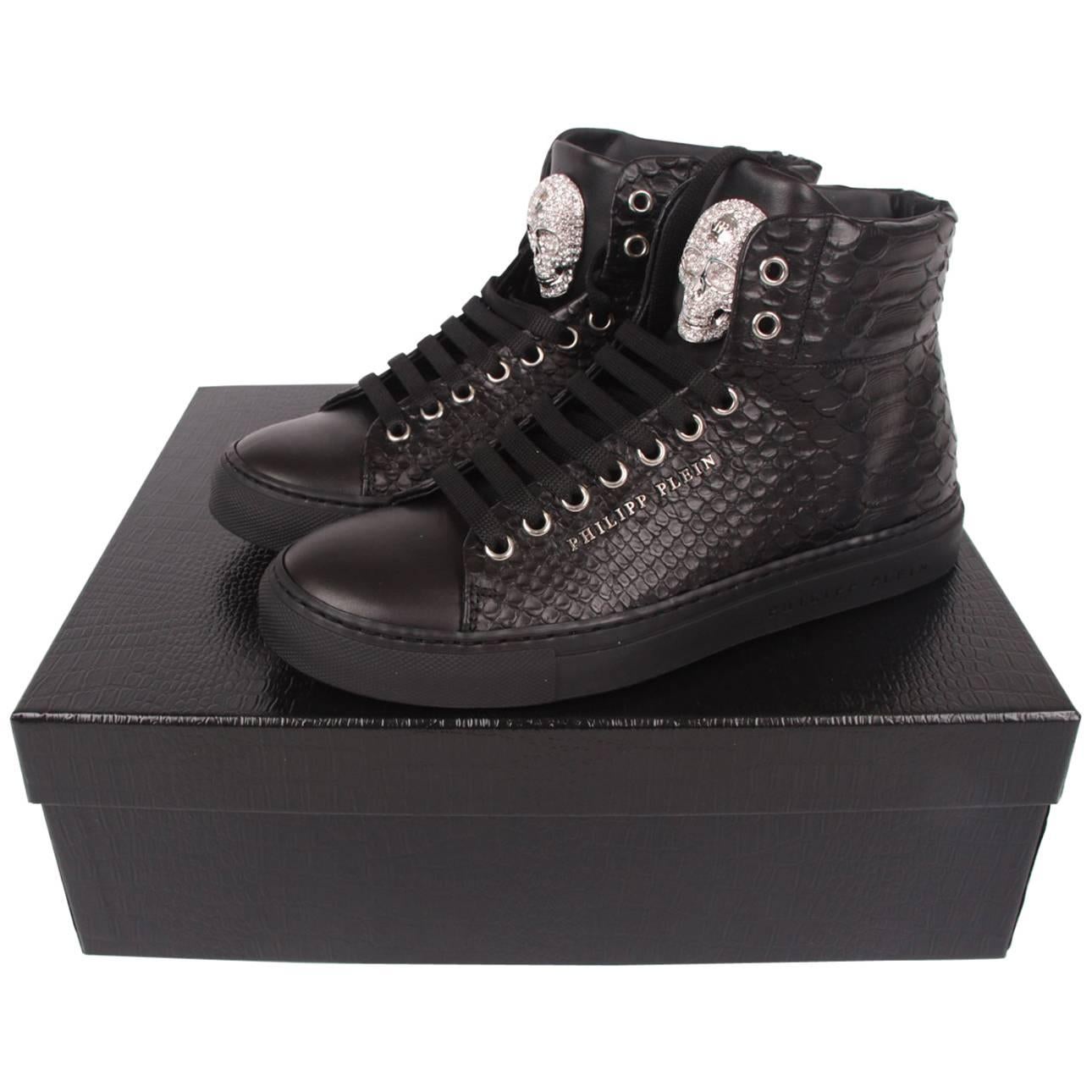 Philipp Plein Mid-Top Sneakers Crystal Skull - black leather