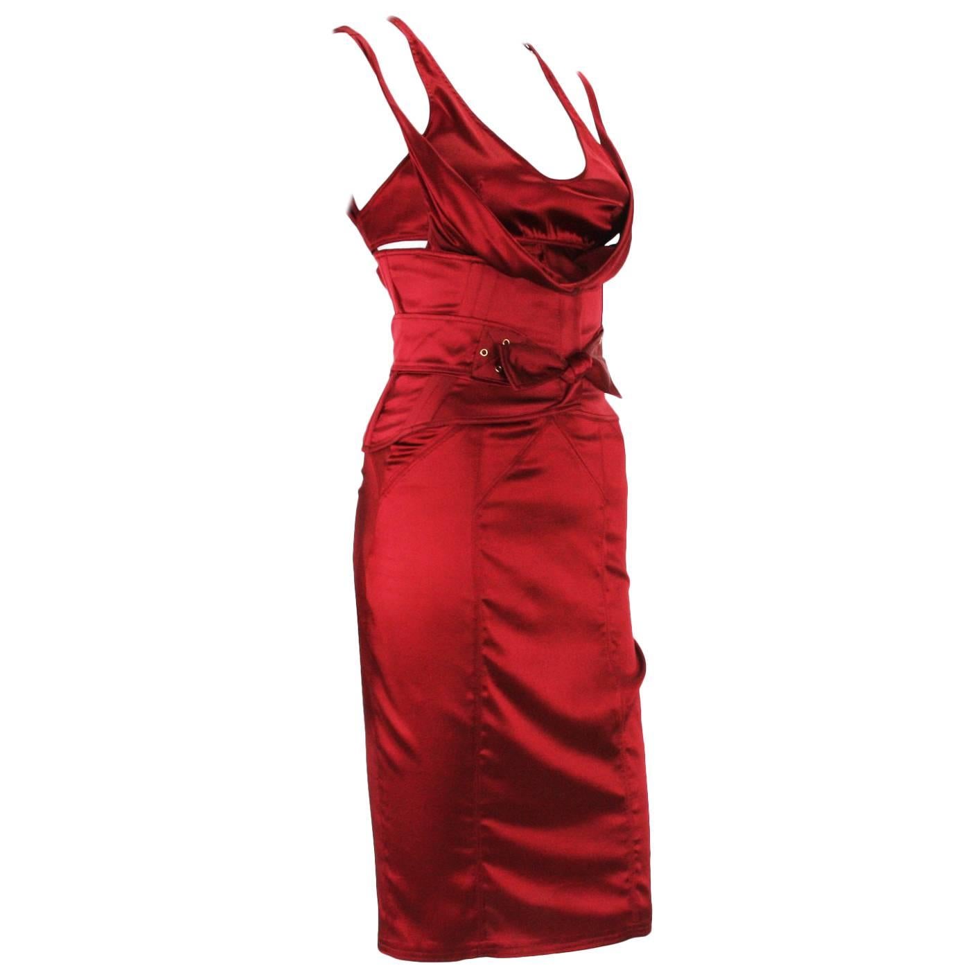 Tom Ford for Gucci F/W 2003 Collection Ruby Red Corset Belt Silk Dress It.40 - 4