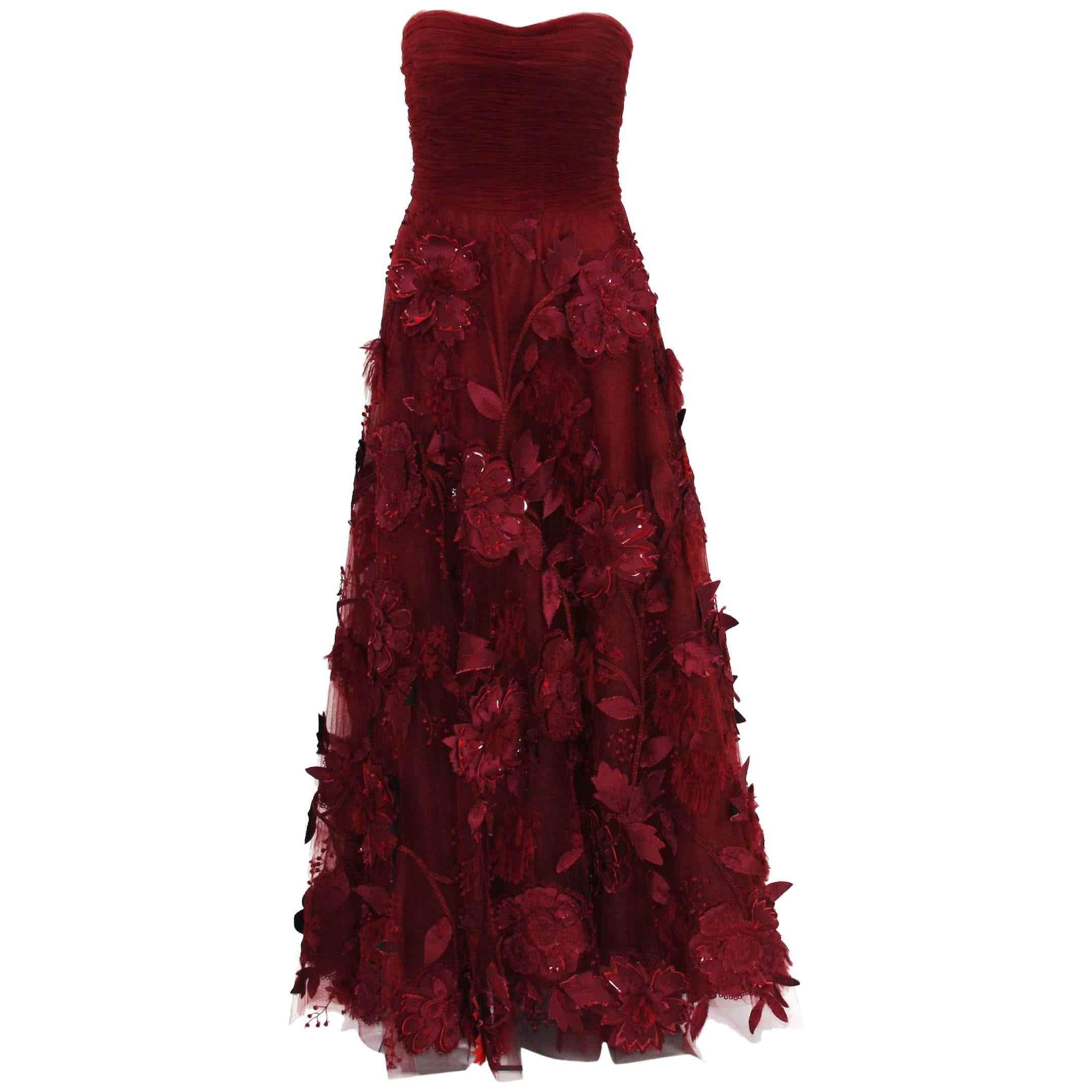 Oscar de la Renta Corset Bordeaux Tulle Leather 3D Floral Embellished Gown 