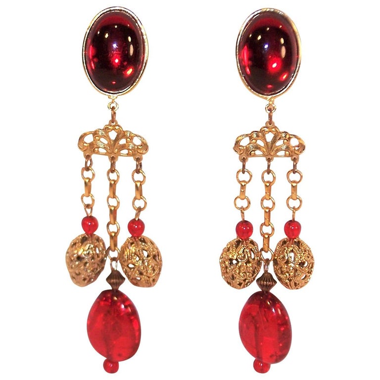 Runway 1980's Amy Jo of New York Red and Gold Clip On Earrings For Sale ...