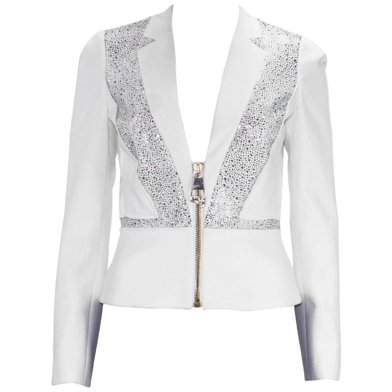 New Versace Crystal Embellished White Blazer Jacket It 38 and 40 - US 4, 6 For Sale