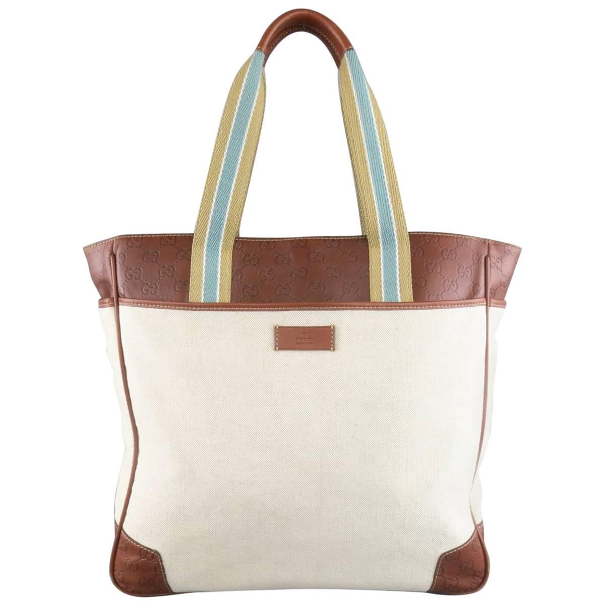 GUCCI Beige Canvas & Guccissima Embossed Leather Tote Bag