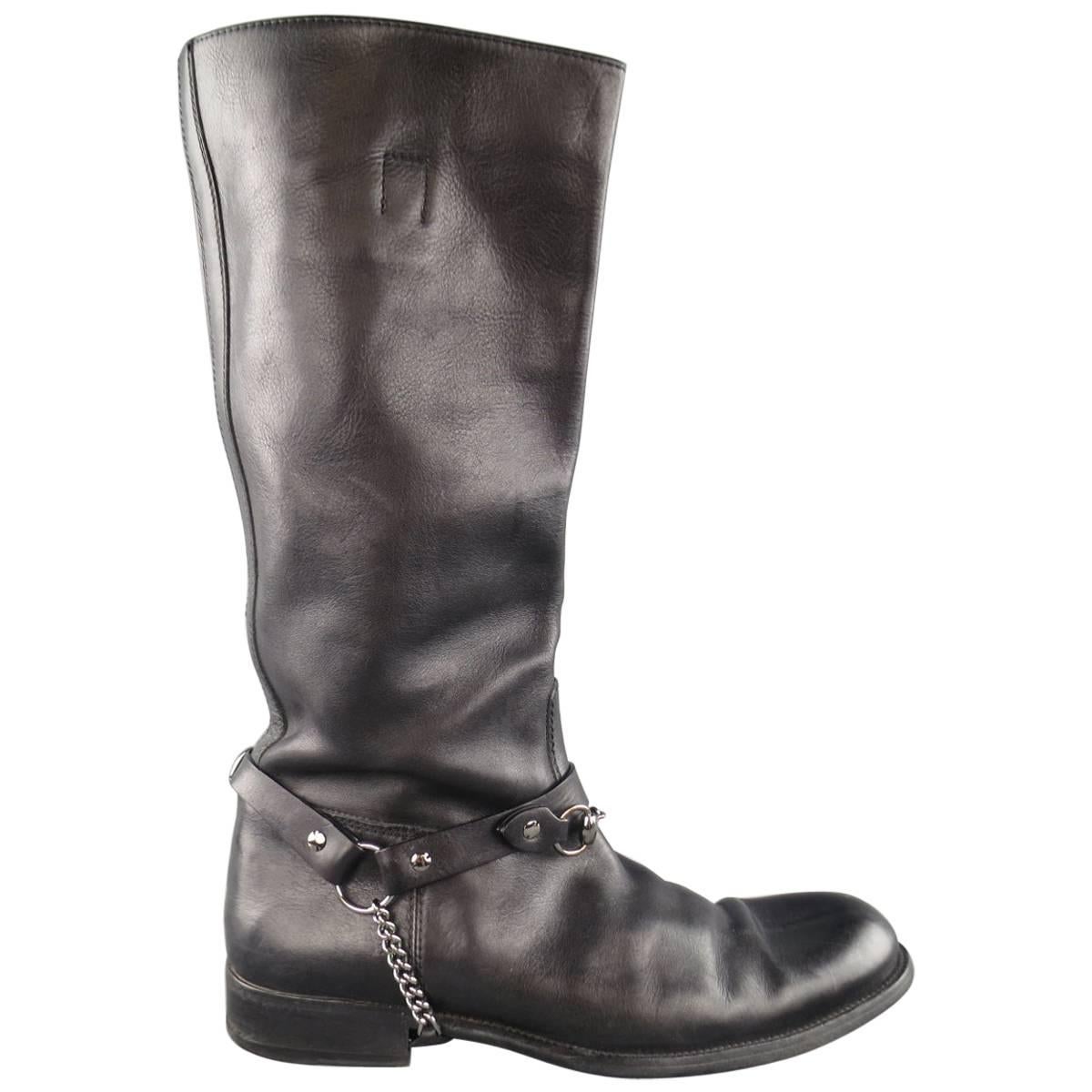 Men's GUCCI Size 11.5 Black Leather Horsebit Harness Knee High Biker Boots