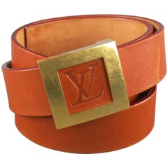 LOUIS VUITTON Size 36 LV Monogram Embossed Tan Leather Gold Square Buckle Belt
