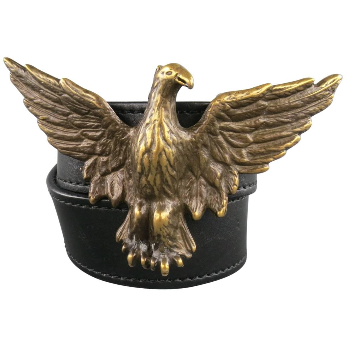 DIOR HOMME by Hedi Slimane Size 36 Black Leather Gold Eagle Buckle Belt