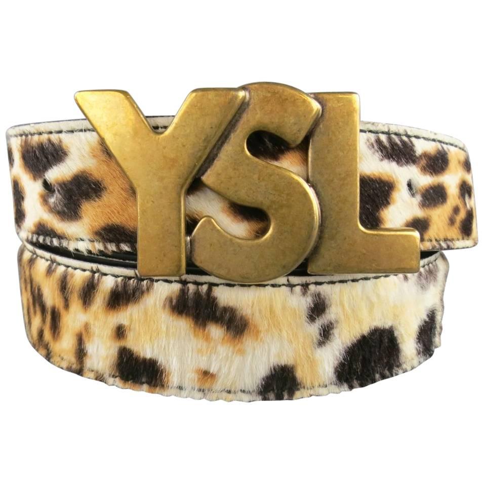 YVES SAINT LAURENT Size 40 Leopard Cheetah Pony Hair Gold Buckle Belt