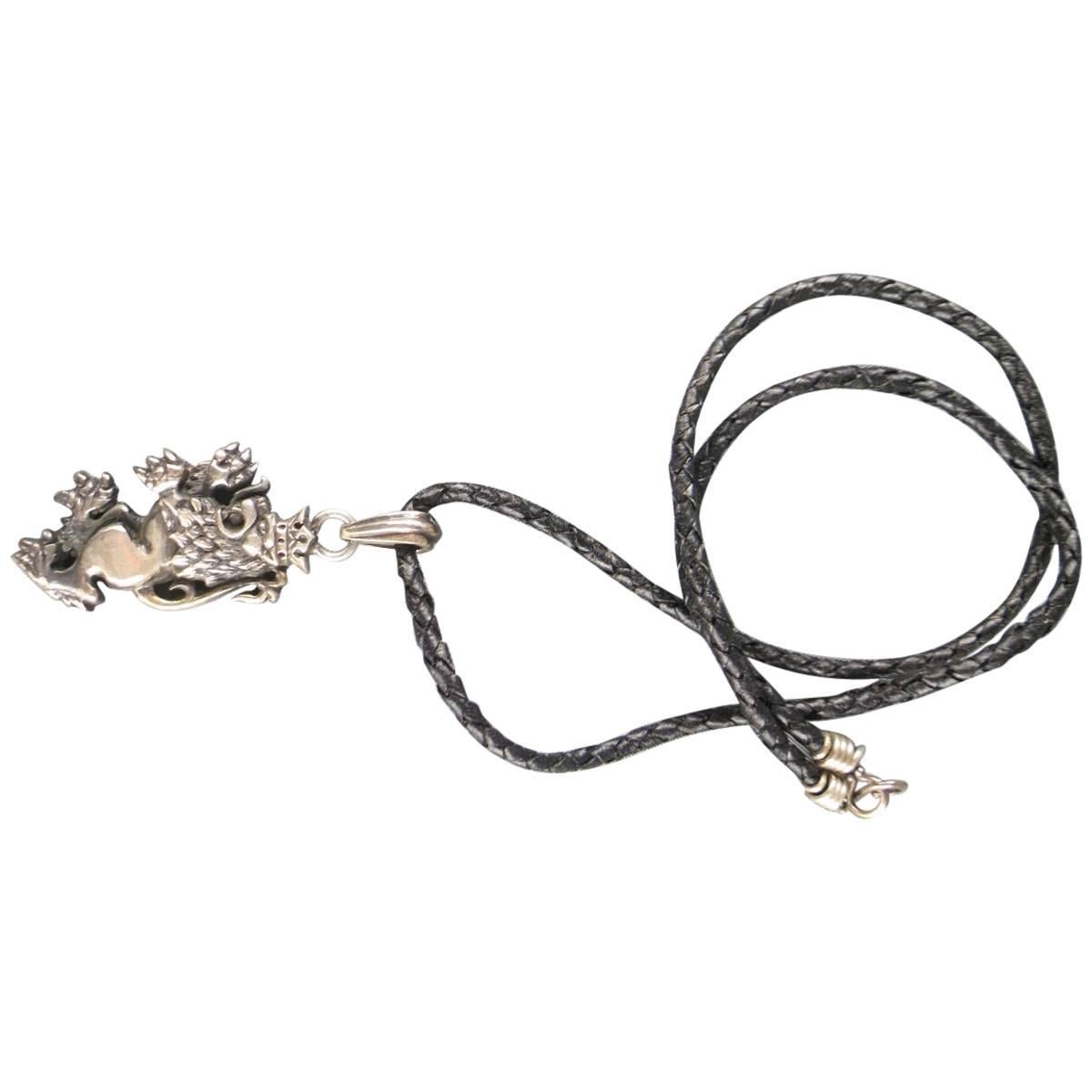 Royal Underground Black Leather Sterling Silver Lion Necklace