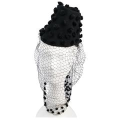 30s Black Pom Pom Hat w/ Veil