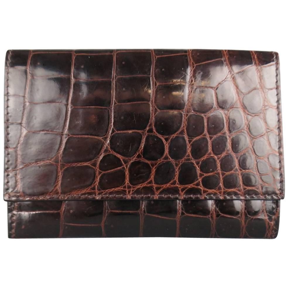 BOTTEGA VENETA Brown Alligator Textured Leather Card Holder Wallet