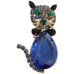 Vintage 60s Alice Caviness Blue Rhinestone Cat Brooch