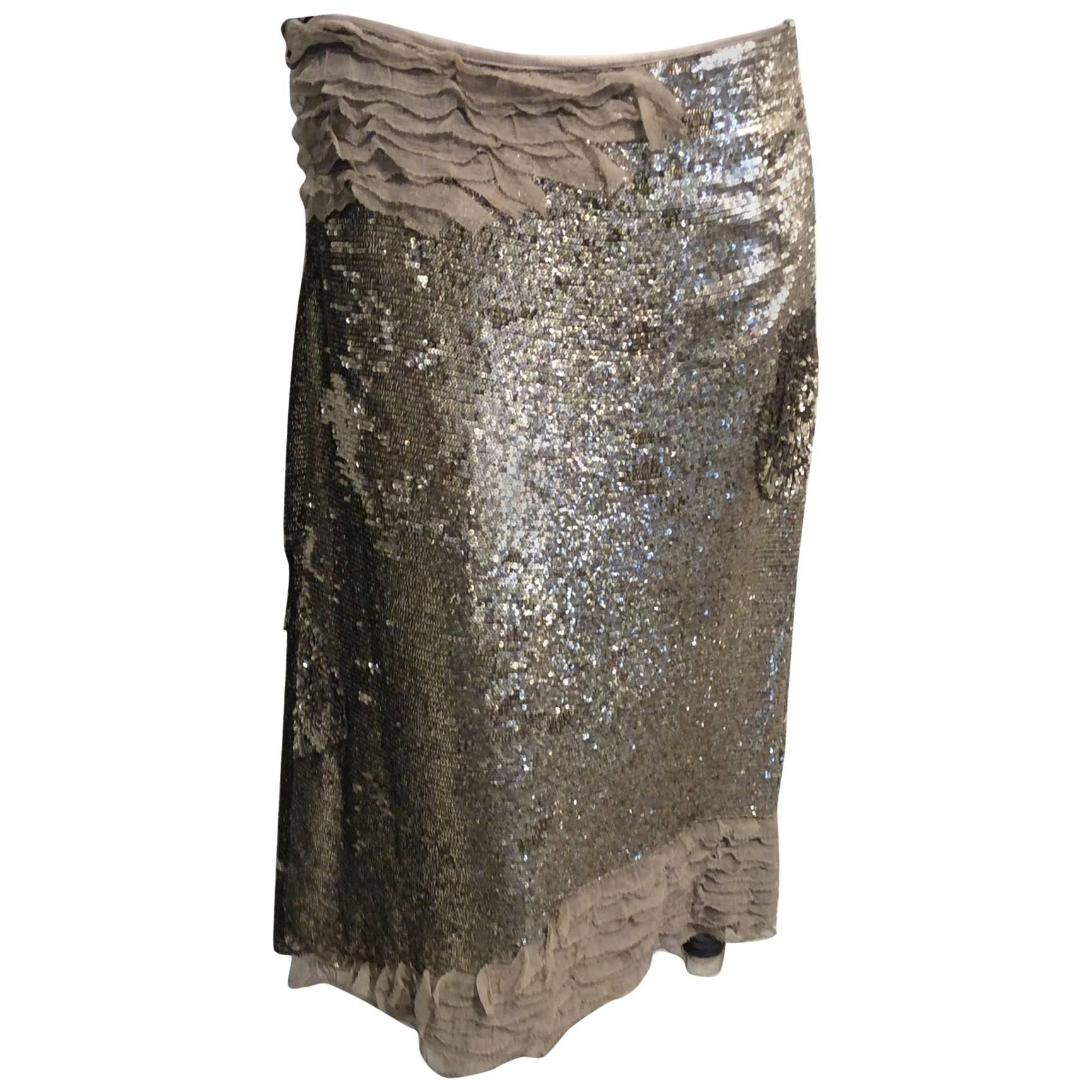 Maurizo Pecoraro Silver Sequin Skirt Sz 44 For Sale