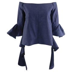 Ellery Navy Blue Dolores Off Shoulder Ruffle Sleeve Top Shirt